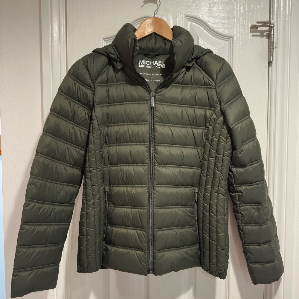 MICHAEL MICHAEL KORS Packable Down Jacket w/ Removable Hood Size M - Olive